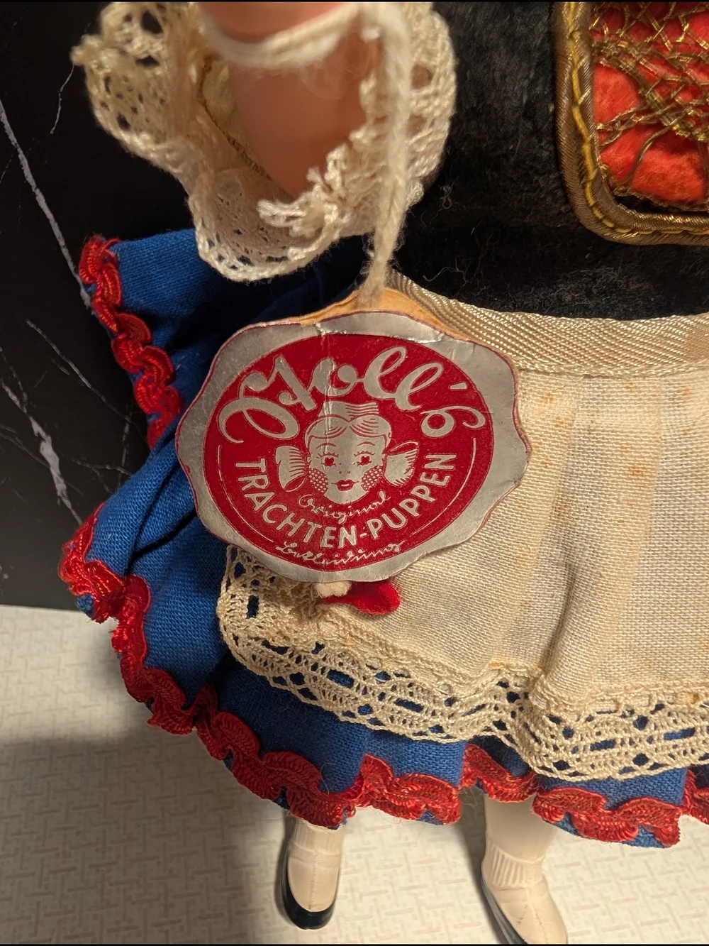 Vintage Austrian Trachen-Puppen Costume Doll with Blue, White & Red Outfit